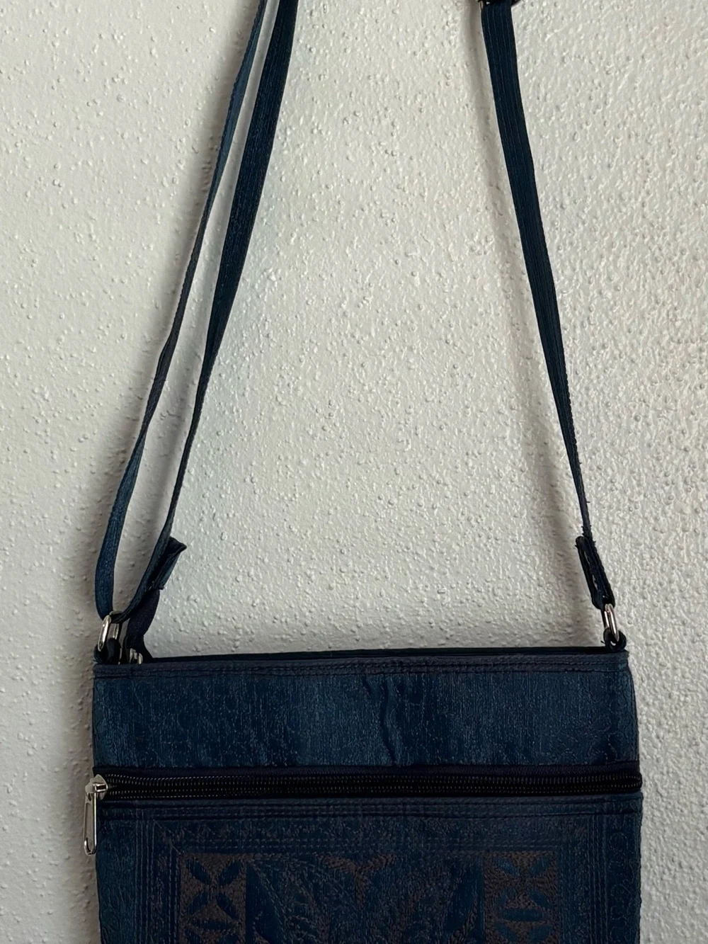 Embroidered Navy Crossbody Bag with Adjustable Strap
